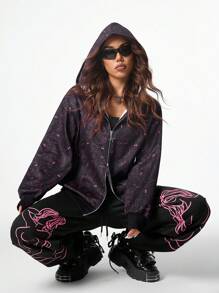 SHEIN EZwear Áo nỉ trùm đầu in họa tiết tay dài phía trước cho nữ - màu đen - Xem 2