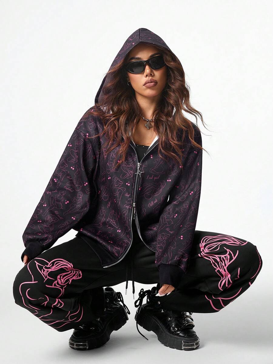 SHEIN EZwear Áo nỉ trùm đầu in họa tiết tay dài phía trước cho nữ