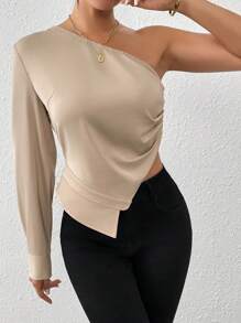 Chiquease Women Solid Color Sexy One Shoulder Pleated Asymmetrical Hem Long Sleeve Blouse Top,Christmas Shirt,Satin Shirt Fall Cloth For Women - Champagne - View 4