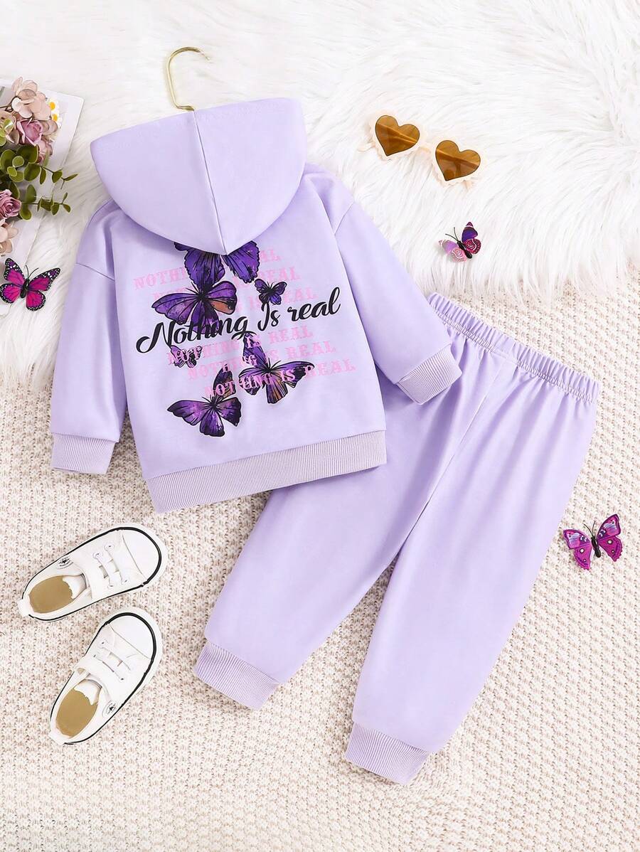 2 pièces/Set Filles bébé sweat-shirt à capuche imprimé papillon casual et pantalon de survêtement, confortable et polyvalent pour le printemps, l'automne et l'hiver - Parme - Voir 1