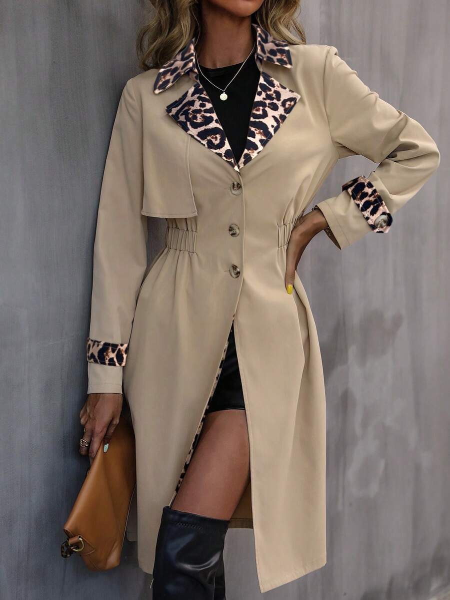 SHEIN Clasi Women's Floral Pattern Random Cut Collar Leopard Patchwork Waisted Midi Trench Coat Jacket Fall Cloth For Women - Khaki - View 1