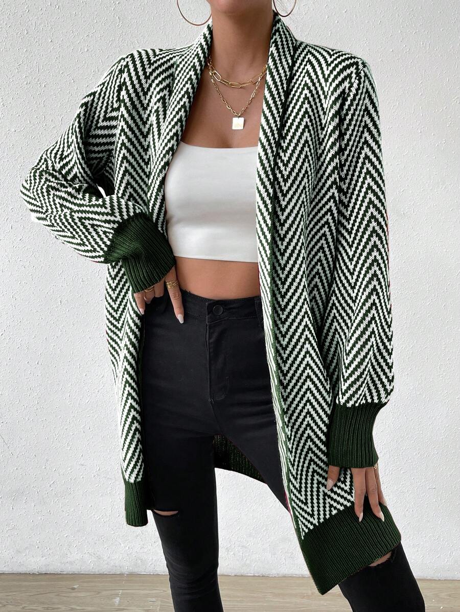 Chiquease Áo khoác cardigan dài hở phía trước họa tiết răng cưa thường ngày cho nữ, cổ khoét sâu - Nhiều màu - Xem 1