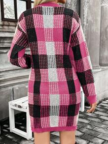 SHEIN LUNE Áo len chui đầu tay dài cổ tròn họa tiết kẻ caro thường ngày cho mùa thu/đông - Màu Hồng Tươi - Xem 2