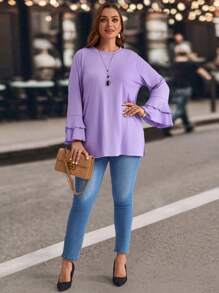 EMERY ROSE 大码冬季女式休闲紫色长款喇叭袖侧开衩 T 恤 - 紫色 - 查看 4