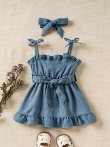 Souflis Souflis 嬰兒女孩牛仔印花吊帶休閒連衣裙，配帶子，蝴蝶結和柔軟材料 - 淺藍色 - 查看 1