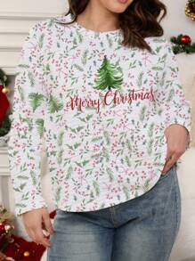 SHEIN LUNE Áo sweatshirt nữ cỡ lớn cổ tròn tay dài in hình cây thông Noel, chất liệu waffle, thích hợp cho mùa xuân. - Nhiều màu - Xem 4