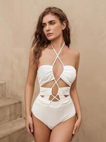 SHEIN Swim 1pc Women's Solid Color Textured Fabric Halter Backless Elegant Vacation One Piece Swimsuit Summer