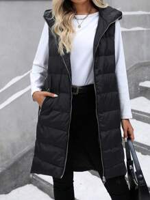 SHEIN Clasi Women's Plain Color Zipper Front Long Hooded Casual Padded Padded Coat, Winter Clothes - Black - View 4