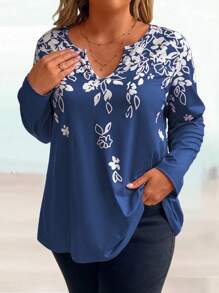 EMERY ROSE Plus Size Notch Neck Floral Print Casual Long Sleeve T-Shirt Graphic Tees Women Tops For Spring - Royal Blue - View 4