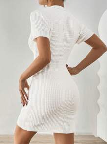 INAWLY Simple Sexy Textured Elastic Short Sleeve White Sweater Dress For Women, Autumn/Winter - White - View 2