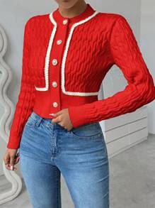Chiquease Áo len cardigan cắt ngắn đan xoắn cho trang phục năm mới - Đỏ - Xem 5
