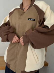 DAZY 女式拼色拉链口袋休闲长袖常规夹克，秋季服装