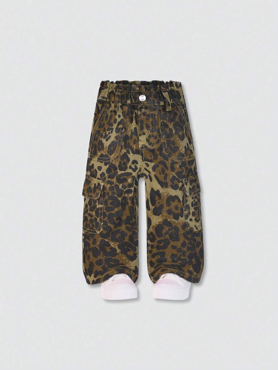 Mädchen Kleinkinder Leoparden Muster Locker Sitzende Lässig Jeans mit Mehreren Taschen