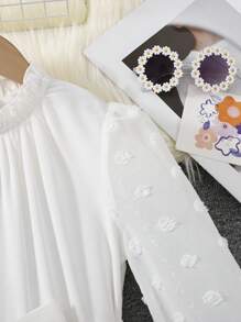 SHEIN Leap Crew Tween Girls' Woven Solid Color Jacquard Contrast Panel Stand Collar Fitted Elegant Dress - White - View 7