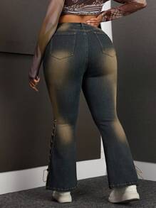 SHEIN SXY Plus Size Casual Washed Vintage Cross-Tied Fitted Flare Jeans - Black - View 4