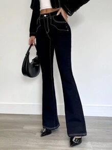 SHEIN Essnce 女士前扣口袋休闲牛仔裤，日常穿着 - 黑色 - 查看 3