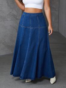 SHEIN Essnce Plus Size Solid Color Back Zipper Casual Versatile Denim Skirt - Blue - View 1
