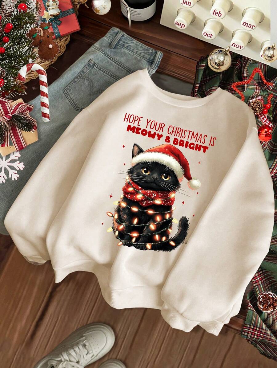 SHEIN Leap Crew Tween Girl Casual Minimalist Loose Cute Black Cat Graphic Print Crew Neck Thick Sweatshirt Suitable For Autumn And Winter, For Christmas - Beige - View 1