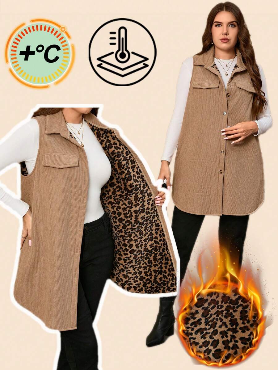 SHEIN LUNE 大码休闲纽扣灯芯绒无袖外套豹纹毛绒毛绒秋冬度假装保暖