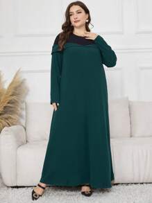Lacomfia Plus Size Women Colorblock Round Neck Long Sleeve Rib Knit Long Loose Casual Dress Maxi Women Outfit - Multicolor - View 4