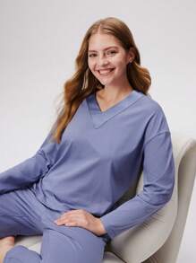 LUVLETTE 女士修身 V 领长袖长裤睡衣奢华棉质仿丝缝制女士休闲套装 - 淺藍色 - 查看 5