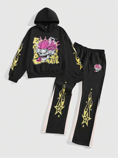 Street Life Men's Letter Print Casual Long Sleeve Hoodie Sweatshirt & Pants Tracksuit