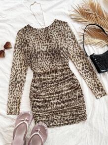 Soleia Women Leopard Knit Round Neck Long Sleeve Bodycon Mini Dress, Fitted Waist, Suitable For Holiday And Party Wear, Autumn/Winter