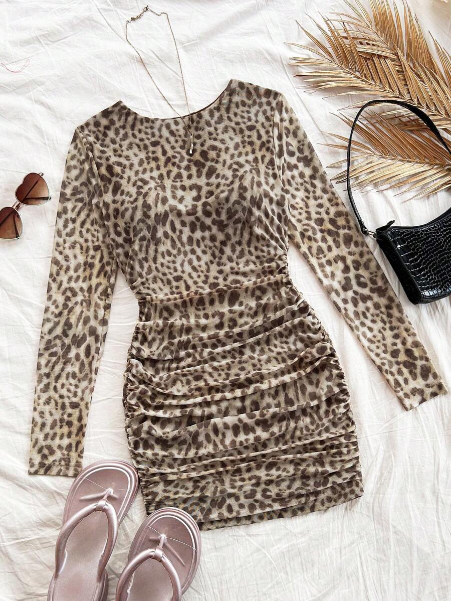 Soleia Women Leopard Knit Round Neck Long Sleeve Bodycon Mini Dress, Fitted Waist, Suitable For Holiday And Party Wear, Autumn/Winter