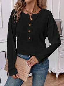 SHEIN LUNE 女式纽扣式华夫格图案长袖 T 恤，白色，秋季 - 黑色 - 查看 4