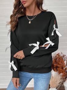 SHEIN LUNE Áo nỉ cổ tròn dài tay khoét lỗ nơ cho nữ, mùa thu - màu đen - Xem 4
