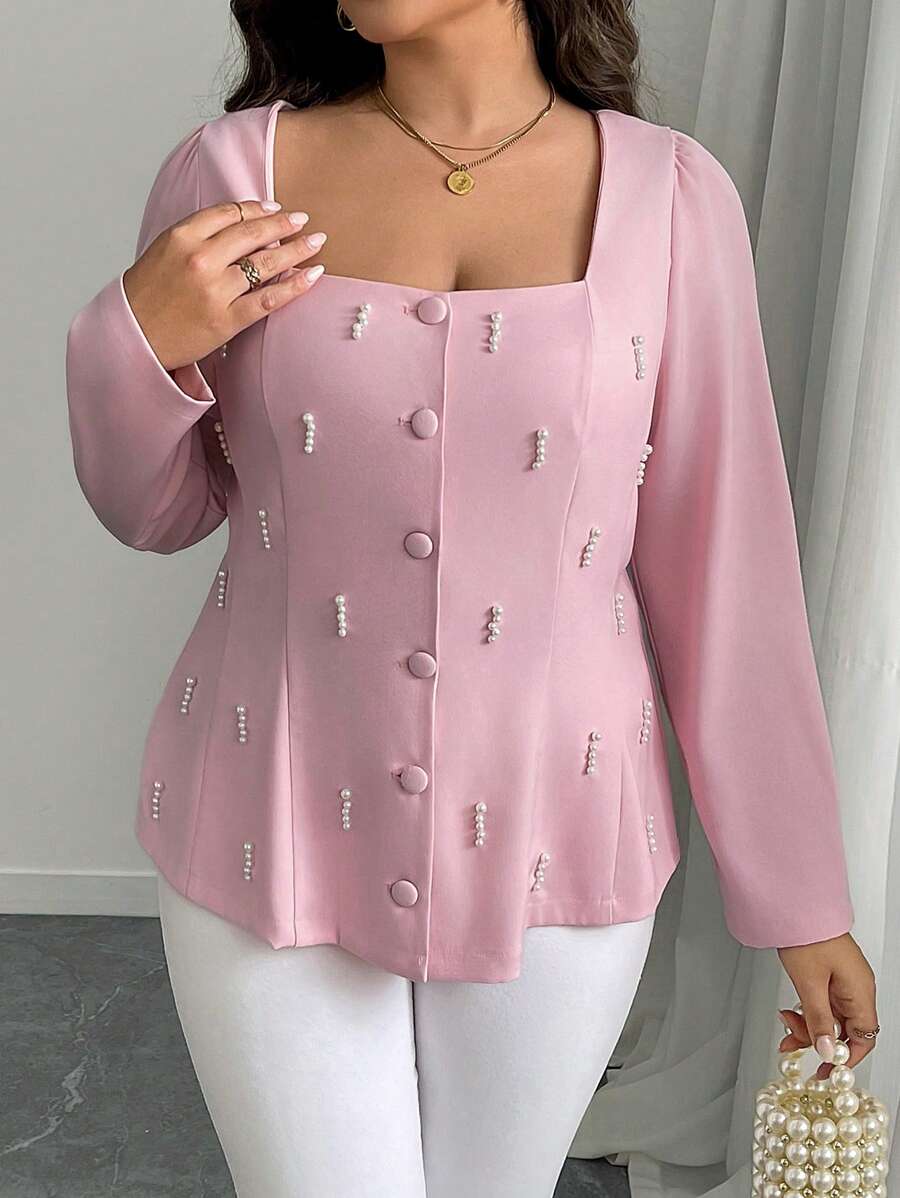 SHEIN Unity Plus Size Women Beaded Square Collar Fitted Blazer - Pink - View 1