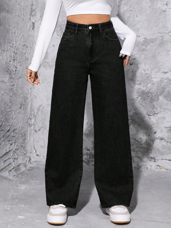 SHEIN PETITE Women Casual Solid Color Straight Leg Jeans,Black Denim Loose Boyfriend Straight Pants,Baggy