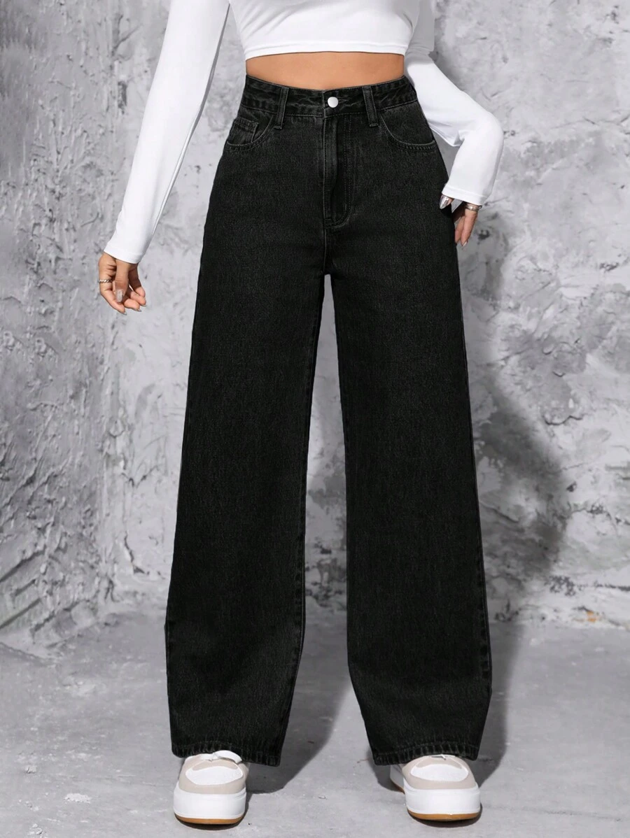 SHEIN PETITE 女士休闲纯色直筒牛仔裤 - 黑色 - 查看 1