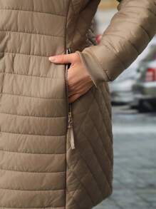 SHEIN LUNE Thick Padded Hooded Mid-Length Parka Padded Coat For Winter Clothes - Khaki - View 6