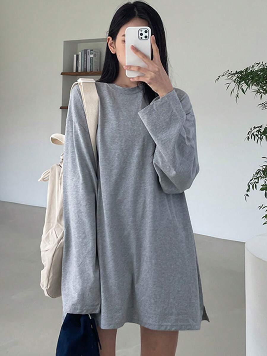 DAZY Áo thun nữ cổ tròn dài xẻ gấu cỡ lớn, quần áo mùa thu dài tay cho nữ - Xám - Xem 1