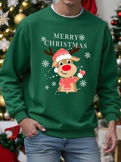 Manfinity Homme Bluza z okrągłym dekoltem i nadrukiem świątecznym z motywem płatków śniegu i reniferów, standardowy krój, swobodny sweter, kolor zielony