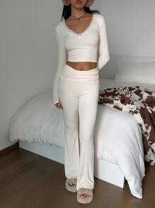 SHEIN EZwear Vrouwen V-hals Bodycon Top met lange mouwen en wijde broek 2-delige set, ribgebreid, comfortabel om thuis te dragen, herfst/winter