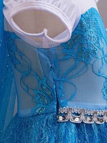 Young Girl Princess Dress With Blue Sequin Short Sleeves, Paired With Fine Mesh Tulle Train, Suitable For Formal Evenings, Galas And Parties, All Seasons - Blue - View 8