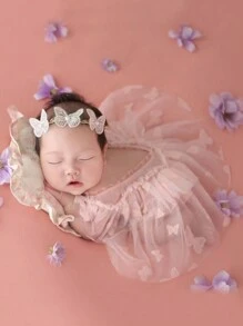 SHEIN 新生儿拍照服装套装 - 女婴向日葵网眼连体衣连衣裙，配有手工头带，适合白天穿着 - 粉色 - 查看 4