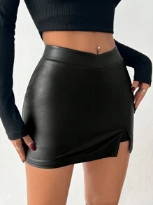 SHEIN PETITE Falda casual de mujer pequeña de unicolor con cuero elástico PI, plisada con abertura lateral en el bajo, para mujer pequeña - Negro - Ver 7