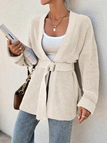 EURMUSE Cárdigan de punto estriado con cinturón, de línea asimétrica y oversize para mujer - Crema - Ver 6