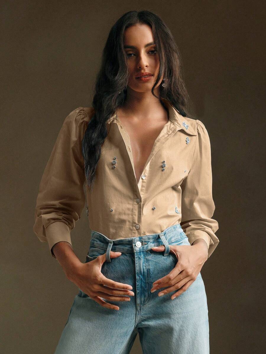 Anewsta Blouse à manches longues élégante et ordinaire pour femme avec rivets, couleur kaki - Kaki - Voir 1