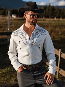 Manfinity Nomadique Men's Casual Patterned Print Button-Up Long Sleeve Shirt, Autumn - White - View 6