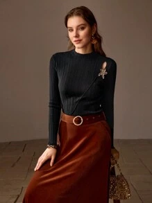 MOTF PREMIUM WOOL MOCK NECK METAL FLORAL DETAIL SLIM FIT SWEATER - Black - View 6