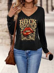 EMERY ROSE Casual Lip Text & Country Music Festival Graphic V-Neck Long Sleeve T-Shirt For Women, Suitable For Autumn/Winter