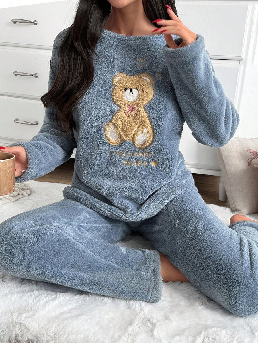 RueChic Women 2pcs Plush Contrast Colour Embroidery Detail PJ Set - Dusty Blue - View 1