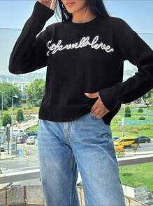 RueChic Casual Contrast Color Slogan Embroidery Crew Neck Sweater - Black - View 6