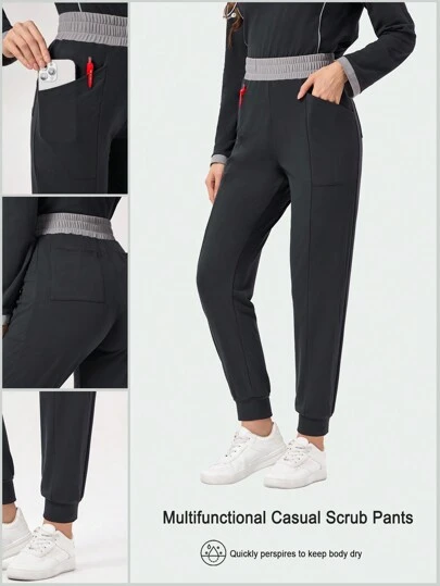 Scrubzie 4 口袋吸湿排汗快干拼色高弹力面料女士医疗保健/跑步手术服长裤