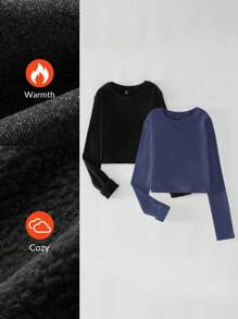 SHEIN BASICS 两件装纯色针织圆领长袖修身短款T恤，女士款，升级保暖面料，带保暖内衬但不臃肿，基础款弹力百搭秋冬女装上衣 - 藏蓝色 - 查看 9