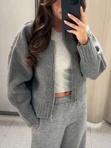 INAWLY Pull casual ample à fermeture éclair de unicolore pour femme